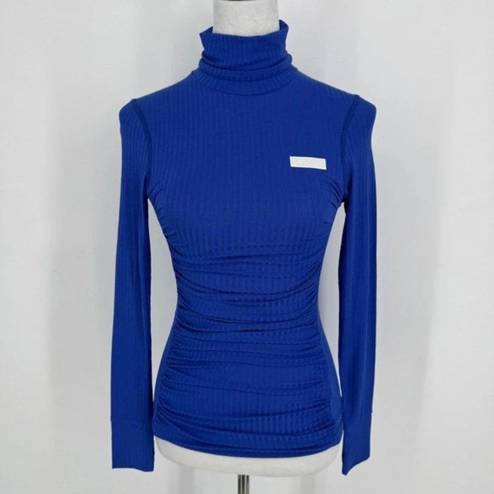 GANNI Ribbed Knit Two Piece Set Size Small Blue‎ Turtleneck Top Stirrup Leggings